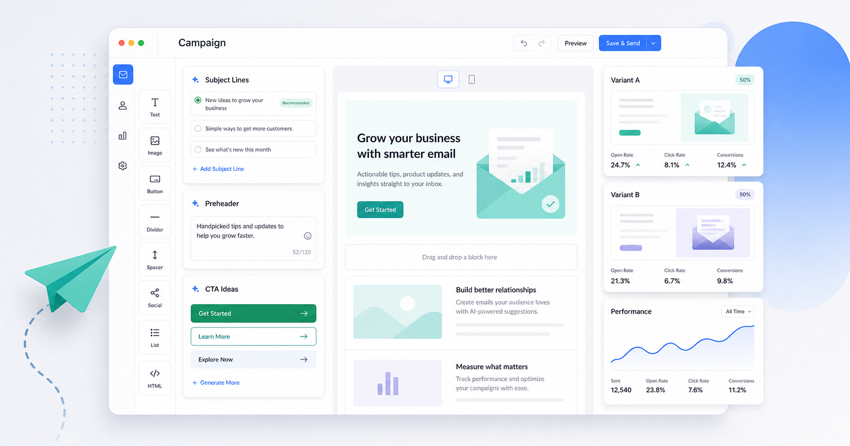 AI email marketing generator campaign builder interface